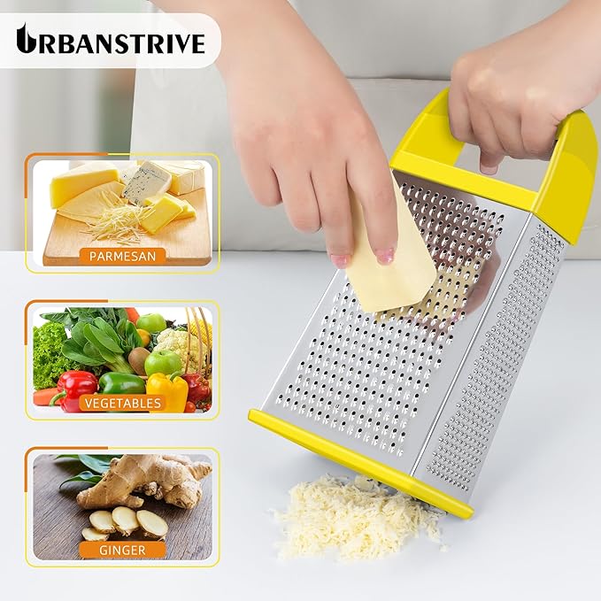 Urbanstrive Cheese Grater With Container, Professional Cheese Grater with Handle, Stainless Steel Graters for Kitchen Handheld, Box Grater with 4 Sides for Vegetables, Ginger, Potatoes (Yellow)