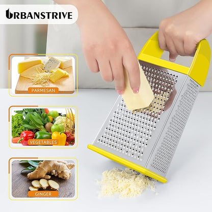Urbanstrive Cheese Grater With Container, Professional Cheese Grater with Handle, Stainless Steel Graters for Kitchen Handheld, Box Grater with 4 Sides for Vegetables, Ginger, Potatoes (Yellow)