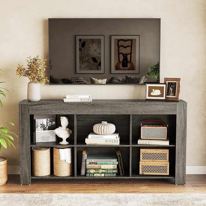 LITTLE TREE TV Stand with Storage, 63-Inch Entertainment Center with Shelves, Modern Media Console for Television up to 65" for Living Room, Bedroom, Grey + Black