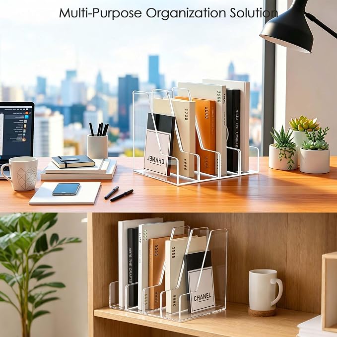 SANRUI 4 Pack Clear Acrylic Vertical File Organizer, Desk Magazine File Holder Storage Bins for Office Home Homeschool Organization