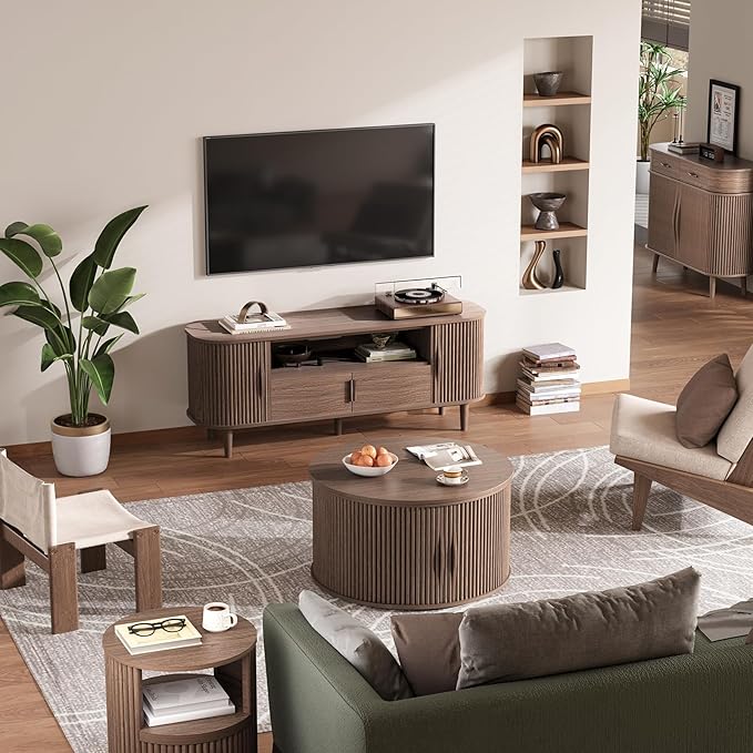 SULIVES Round Coffee Table with Lifting Top, Multifunctional Drum Coffee Table with Sliding Door, Small Fluted Center Table for Living Room, Walnut