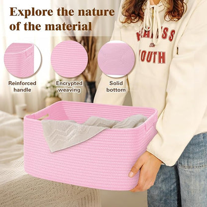 2 Pack Large Storage Basket for Organizing, 17.5"x13.5"x7.5" Woven Basket for Shelves, Closet Cube Storage Bins with Wrapped Handle, Cotton Rope Baskets for Kitchen, Clothes, Toys(Light Pink)