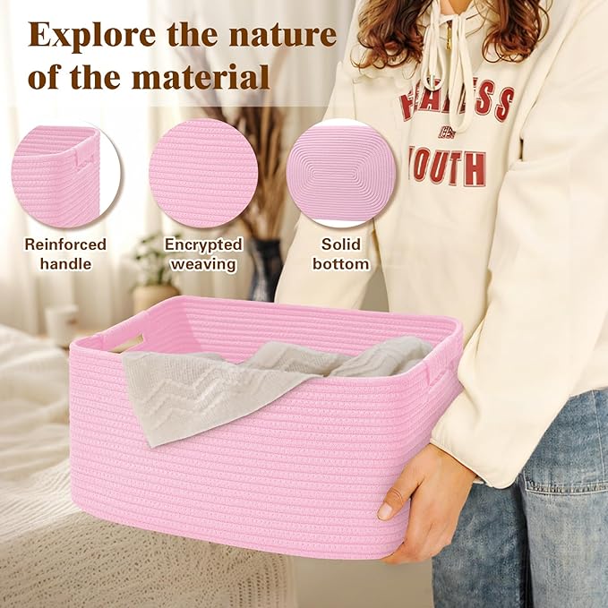 3 Pack Large Storage Basket for Organizing, 17.5"x13.5"x7.5" Woven Basket for Shelves, Closet Cube Storage Bins with Wrapped Handle, Cotton Rope Baskets for Kitchen, Clothes, Toys(Light Pink)