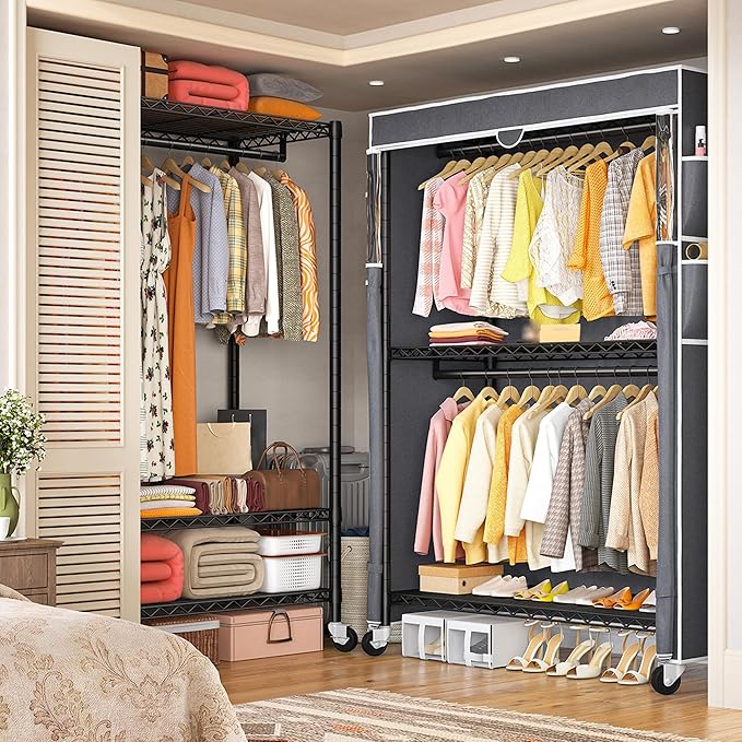Raybee Rolling Clothes Rack with Cover, 81" H Heavy Duty Clothing Rack with Adjustable Shelves, Portable Wardrobe Closet with Visible Window, Double Rod Garment Rack on Wheels, Max Load 440LBS, Black