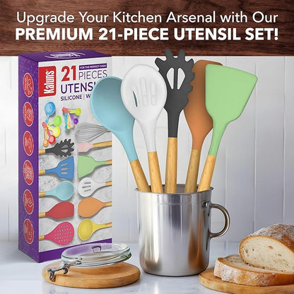Kitchen Utensils Set, 21 Wood and Silicone Cooking Utensil Set, Non-Stick and Heat Resistant Kitchen Utensil Set, Kitchen Tools