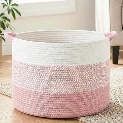 Artfeel 100L Large Cotton Rope Basket, Decorative Woven Blanket Storage for Living Room, Boho Toy Storage & Toy Box for Kids, Versatile Laundry Basket & Nursery Hamper for Blankets(Pink)