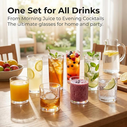 Plastic Drinking Glasses Set of 8, 14oz Rocks & 20oz Water Cups, Unbreakable Plastic Glasses Drinkware, Clear Kitchen Tumblers for Home & Outdoors, Reusable , BPA-Free, Top-Rack Dishwasher Safe