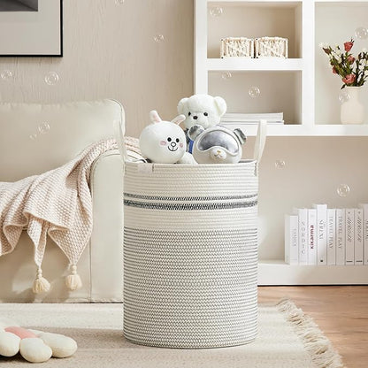 VIPOSCO Tall Laundry Basket, Large Dirty Clothes Hamper with Leather Handle, Woven Rope Storage Basket for Blanket, Toy In Living Room, Bathroom, Bedroom - 100L Stripe White