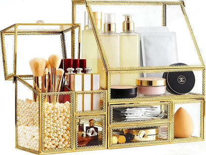 Hersoo Luxury Stackable Glass Cosmetic Organizer 3-Piece Set-Durable,Premium Shatterproof Vanity Storage,Artisan-Design for High-End Bathroom&Makeup Counter Decor(gold)