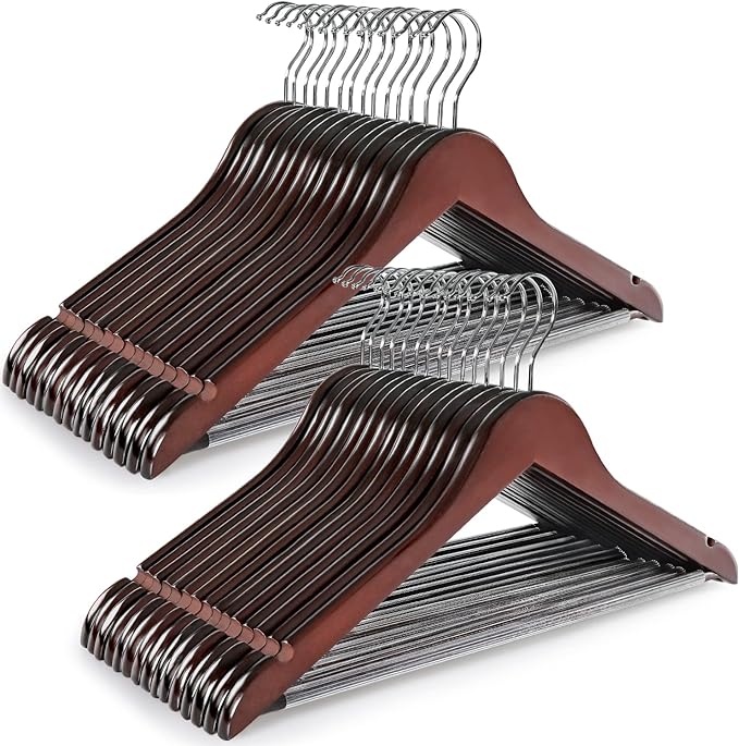 TOPIA HANGER Wooden Coat Hangers 30 Pack, Cherry Wood Suit Hangers with Non Slip Pants Bar, 360° Swivel Hook and Shoulder Notches for Camisole, Jacket, Pants, Smooth Finish Clothes Hangers - CT34M30