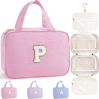 TOPEAST Hanging Toiletry Bag for Women - Travel Initial Toiletry Bag, Portable Toiletries Makeup Pouch, Airplane Travel Essentials - Letter P, Pink