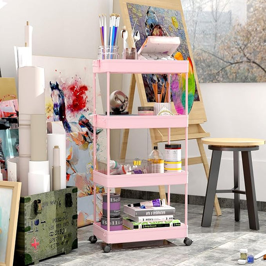 SPACEKEEPER Storage Cart 4-Tier, Bathroom Rolling Cart Utility Storage Organizer Shelf Mobile Shelving Unit for Kitchen Living Room Bathroom Laundry Room & Dressers, Pink