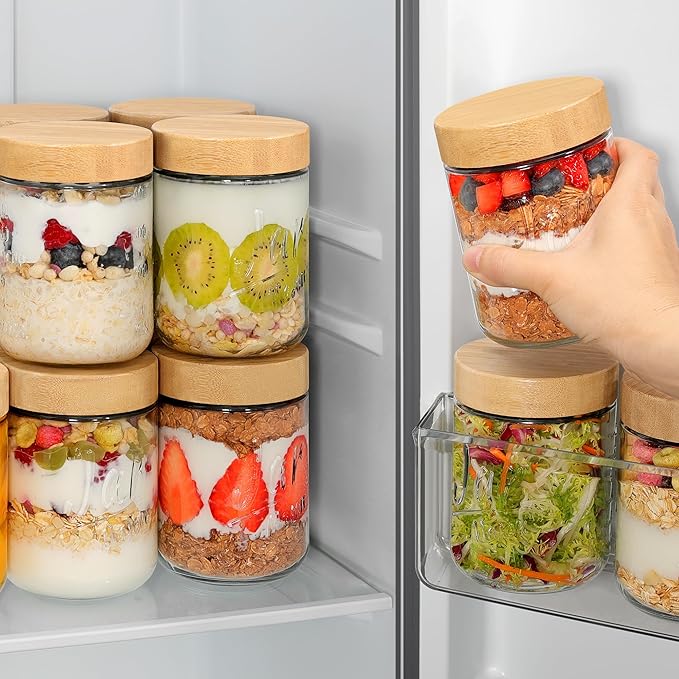 Xyptorix Glass Overnight Oats Containers with Lids (4-Pack), 16 oz Mason Jars with Bamboo Lids for Meal Prep, Chia Seed Pudding, Yogurt & Oatmeal - Airtight Food Storage Jars for Breakfast On-the-Go