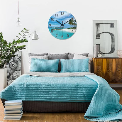 XFM Blue Beach Wall Clock 12 Inch Silent Wall Clocks Battery Operated Coastal Nautical Round Glass Clock Decorative for Bathroom Kitchen Living Room