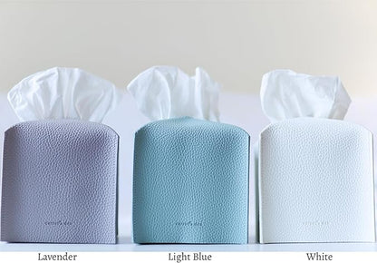 Tissue Box Cover Holder, Square with Bottom Belt by Carrot's Den - PU Leather Decorative Organizer for Tabletop, Bathroom, Car, Office (Light Blue)