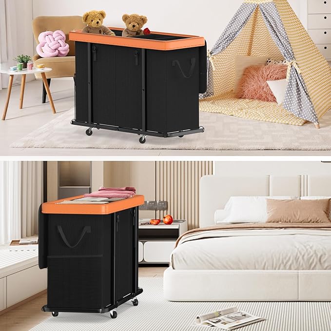300L Large Fashion Laundry Basket with Wheels, Leather Patchwork Rolling Hamper Carts, Sturdy Metal Frame, Removable Washable Bag, Tall Clothes Sorter for Bedroom (Black, 4 Section-300L)