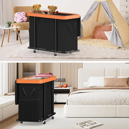 300L Large Fashion Laundry Basket with Wheels, Leather Patchwork Rolling Hamper Carts, Sturdy Metal Frame, Removable Washable Bag, Tall Clothes Sorter for Bedroom (Black, 4 Section-300L)