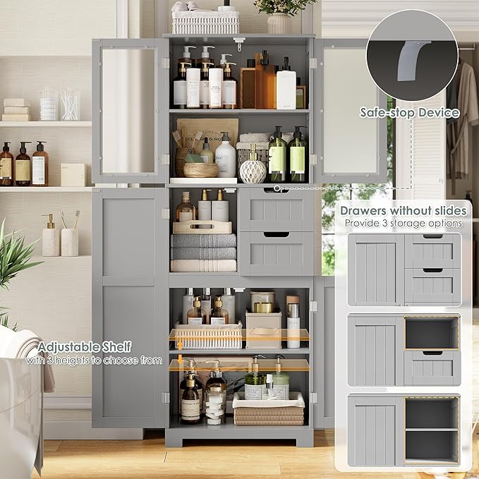 BOTLOG 67'' Tall Bathroom Storage Cabinet, Kitchen Pantry Cabinet with Glass Doors and Adjustable Shelves, Kitchen Cupboard with 2 Drawers for Bathroom, Dining Room, Grey