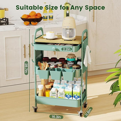 danpinera 3 Tier Rolling Cart, Metal Utility Cart with Wooden Table Top & DIY Pegboard, Rolling Carts with Drawer, Storage Cart Craft Cart with Hooks & Hanging Cups for Kitchen, Bathroom, Office