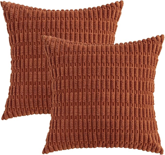 MIULEE Pack of 2 Dark Rust Corduroy Decorative Euro Sham Pillow Covers 24x24 Inch Soft Boho Striped Throw Pillow Covers Modern Farmhouse Home Decor for Summer Sofa Living Room Couch Bed