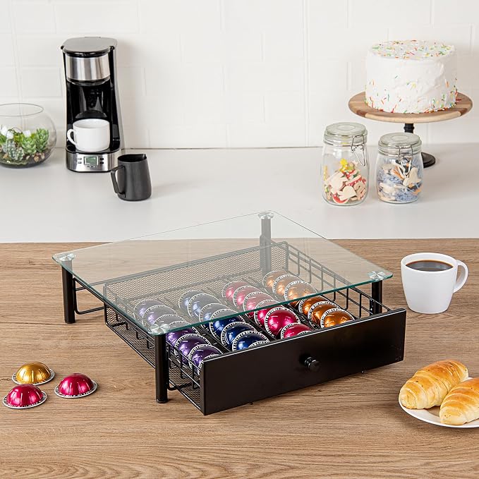Restaurantware Restpresso 15.6 x 14.1 x 4.2 Inch Coffee Capsule Drawer 1 Heavy-Duty Pod Drawer - Holds 40 Nespresso Vertuo Capsules Glass Top Iron Espresso Pod Organizer Pods Not Included