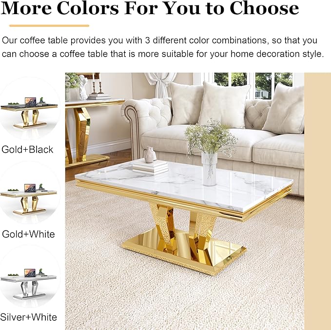 Modern Marble Coffee Table, 47" Living Room Table with Diamond-Shape Stainless Steel Base and Thickened Faux Marble Top for Living Room, Bedroom, Lounge (Gold,White)