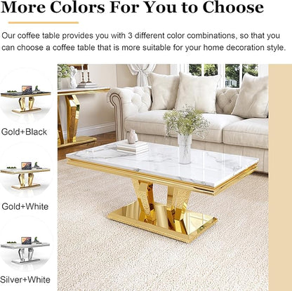 Modern Marble Coffee Table, 47" Living Room Table with Diamond-Shape Stainless Steel Base and Thickened Faux Marble Top for Living Room, Bedroom, Lounge (Gold,White)