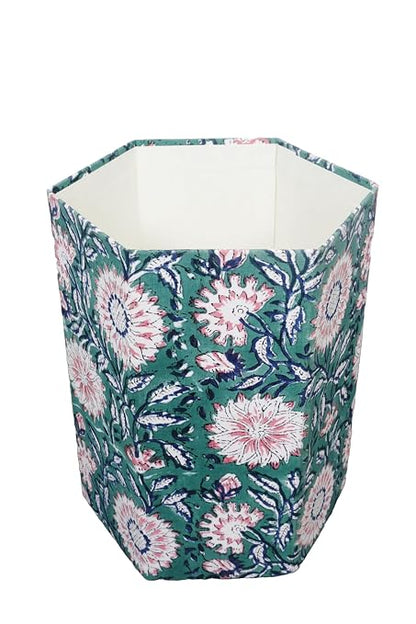 3.3 Gallon Cotton Hand Block Printed Paper Waste Basket |Small Decorative Trash Can for Housewarming Gifts in Living Room, Bedroom, Bathroom | Eco-Friendly, Plastic-Free (1, Green Pink FLOWAR)