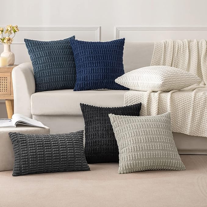 MIULEE Pack of 2 Corduroy Decorative Throw Pillow Covers 12x12 Inch Soft Boho Striped Pillow Covers Modern Farmhouse Home Decor for Summer Coastal Sofa Living Room Couch Bed Dark Blue
