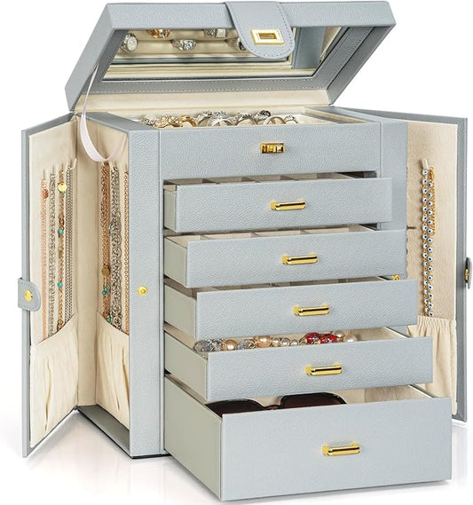 AKOZLIN 6-Tier Jewelry Box Organizer Functional 5 Drawers Leather Jewelry Storage Case for Women Girls Ring Necklace Earring Bracelet Holder Organizer with Mirror Grey Large