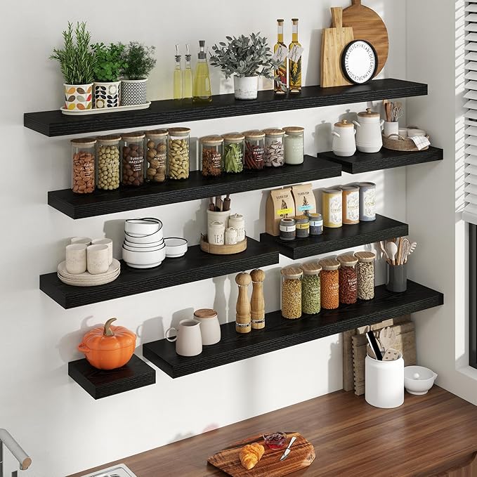 55 Inch Floating Shelves for Wall, 8 Inch Deep Floating Shelf for Storage & Display, Rustic Wall Mounted Shelf with Invisible Brackets for Living Room, Kitchen, Bathroom, Home Decor, Set of 2, Black