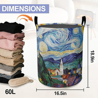 Retro Watercolor Village Laundry Basket-Large Foldable Hamper Holder Portable Tall Collapsible Laundry Hamper Storage Basket Bin with Handles, Canvas & Waterproof lining for Household Items