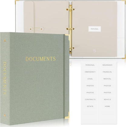 Important Document Organizer Set with Folders - Complete Linen Ring Binder Set Safely Stores All Documents & Files in One Place - Easy to Use Expanding Storage Incl. Envelopes, Pockets & Labels