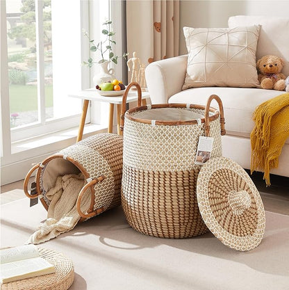 Laundry Baskets Hamper with Handles and Lid,2-Pack Handwoven Natural Seagrass Storage Hamper with Removable Laundry Bag, Toy Clothes Hamper for Home Bedroom, Bathroom, Laundry Room