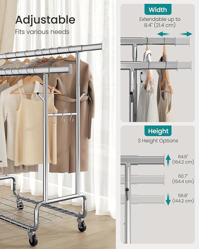 SONGMICS Clothes Rack, Heavy-Duty Rolling Clothing Garment Rack with Wheels, Extendable Double Hanging Rods and Adjustable Height, Portable, with Shelf and Hooks, Silver UHSR015E01