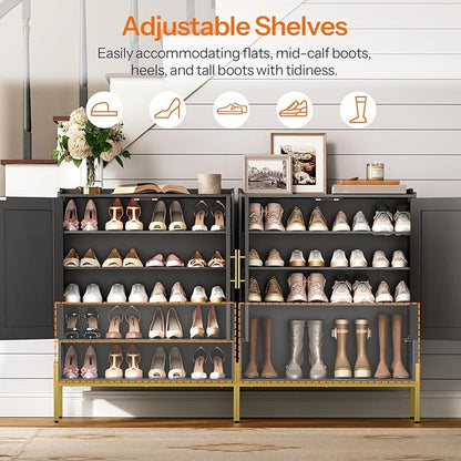 HOOBRO Shoe Cabinet, 5-Tier Shoe Storage Organizer with Doors, Wooden Shoe Cabinet Storage for Entryway, Freestanding Shoe Rack Cabinet with 3 Adjustable Shelves for Hallway, Gold and Black DB41SC01