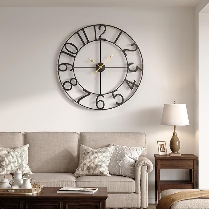 Cuspin 36 Inch Wall Clock, Large Wall Clock Decorative for Living Room, Arabic Numerals Non Ticking Battery-Operated Metal Round Modern Black Wall Clocks for Kitchen, Bedroom, Dining Room, Office