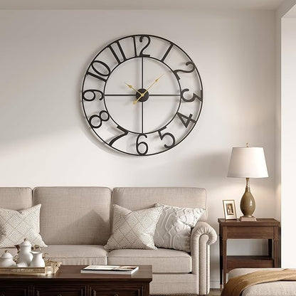 Cuspin 36 Inch Wall Clock, Large Wall Clock Decorative for Living Room, Arabic Numerals Non Ticking Battery-Operated Metal Round Modern Black Wall Clocks for Kitchen, Bedroom, Dining Room, Office