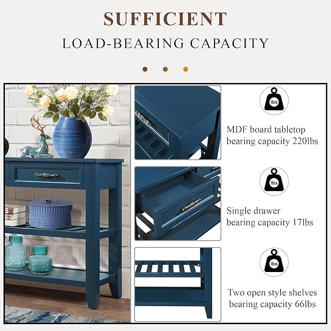 LKTART Solid Wood Console Table Entryway Table with Storage Drawers and Shelves Sofa Table for Entry Hallway Foyer(42" Navy Blue)
