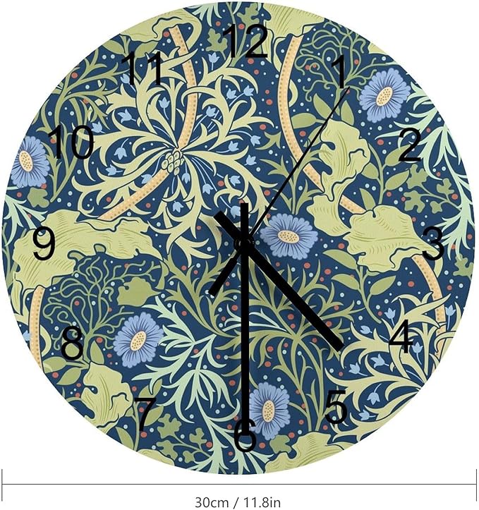 Retro Floral Wood Wall Clock, Vintage Botanical Garden Plants Herbs Flowers William Morris Style 12 Inch Silent Non-Ticking Battery Operated Round Clock for Bedroom Living Room Office Kitchen Decor