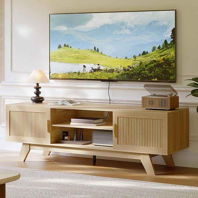 ChooChoo 59.5" Fluted TV Stands for 65 Inch TV, Mid Century Modern Entertainment Center with Storage and Adjustable Shelf, Long TV Console Media Table for Living Room, Bedroom, Natural Oak