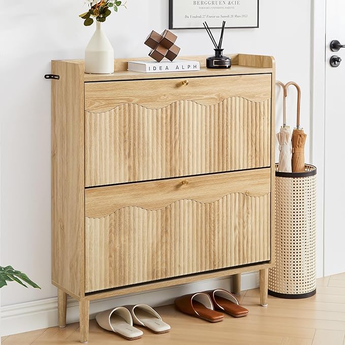 BERRYMERRY 31.5” Fluted Shoe Storage Cabinet Storage for Entryway, 2 Flip Drawers Narrow Shoe Organizer Cabinet with Wave Profile for Hallway,Living Room