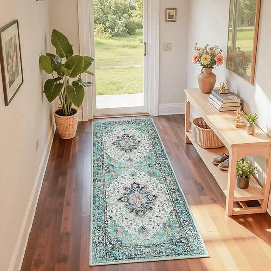 RELEANY Area Rugs Runner 2'x6' Washable Non-Slip, Floral Vintage Distress Medallion Carpet for Kitchen Hallway Bedroom Beside Laundry Room Bathroom, Green Navy Blue White Red Teal