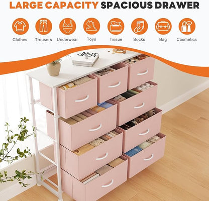 Sweetcrispy 9 Drawer Fabric Dresser Storage Tower with Wood Top and Steel Frame, Organizer Chest with Easy Pull Handles for Bedroom, Closet, Hallway,Pink