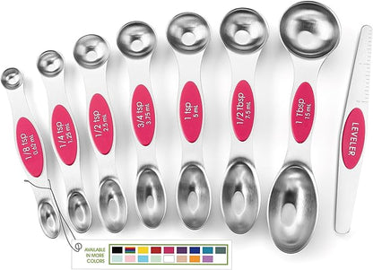 Spring Chef Pink Stainless Steel Magnetic Measuring Spoons Set of 8 with Leveler, Dual Sided Teaspoon & Tablespoon Measuring Set for Dry and Liquid Ingredients, Kitchen Gadgets for Baking & Cooking