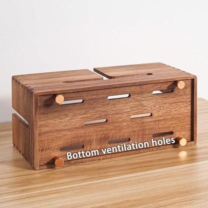 SARUFO Acacia Wood Cable Management Box - Wooden Cord Hider with 4 Metal Feet, Organizer for Desk & Floor, Power Strip TV Wire Concealer, Under Desk Storage for Office, Home Electrical Cables