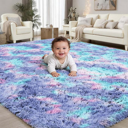 Rainbow 8x10 Fluffy Rugs for Girls Bedroom: Large Shag High Pile Area Rug Upgrade Non-Slip Plush Fuzzy Living Room Rug Shaggy Soft Indoor Floor Carpet Nursery Rugs for Kids Baby Toddler Home Decor