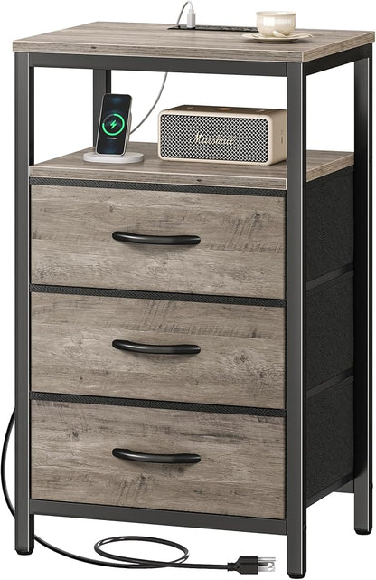 Huuger Nightstand with Charging Station, 27.6 Inch End Table Bedside Table with USB Ports and Outlets, Night Stand for Bedroom, Fabric Drawers, Oak