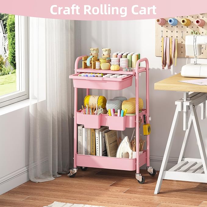 3 Tier Metal Rolling Utility Cart with Drawer & Lockable Wheels - Heavy Duty Multifunctional Storage Organizer with 2 Cups and 4 Hooks for Bathroom, Kitchen, Snack, Craft, Makeup, Baby Essentials