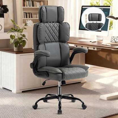 Office Chair with Adjustable Headrest, Faux Leather Executive Home Office Desk Chairs with Ergonomic Back Support, Padded Flip-Up Armrests, Swivel Rolling Computer Chair for Work, Study, Gray